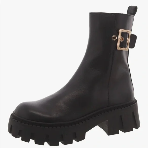 Steve Madden Sameera Black Leather Festival Platform Lug Sole Moto Boots Size 8 - Picture 2 of 15